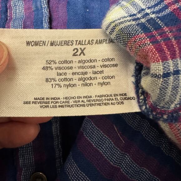 Vintage America 2X Plaid Stripe Button Shirt – Crochet Shoulder, Made in India - Picture 7 of 9